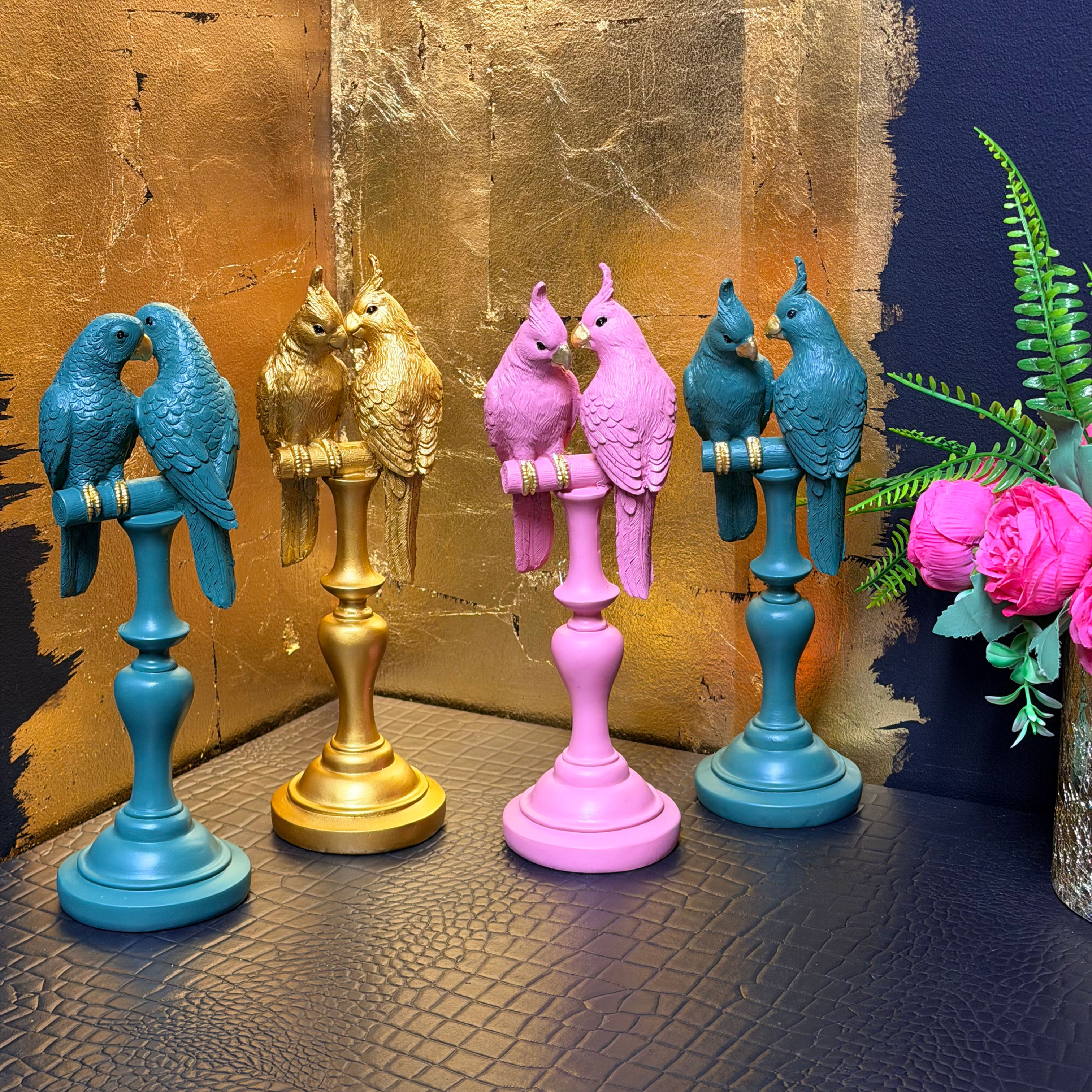 Lilac Pink Emerald Green or Gold Parrots / Cockatoos on Perch