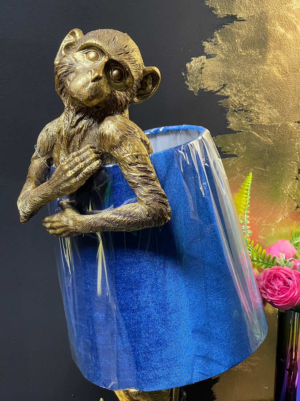Thumbnail: Antiqued Gold Bashful Monkey Chimp Lamp with Blue Velvet Shade