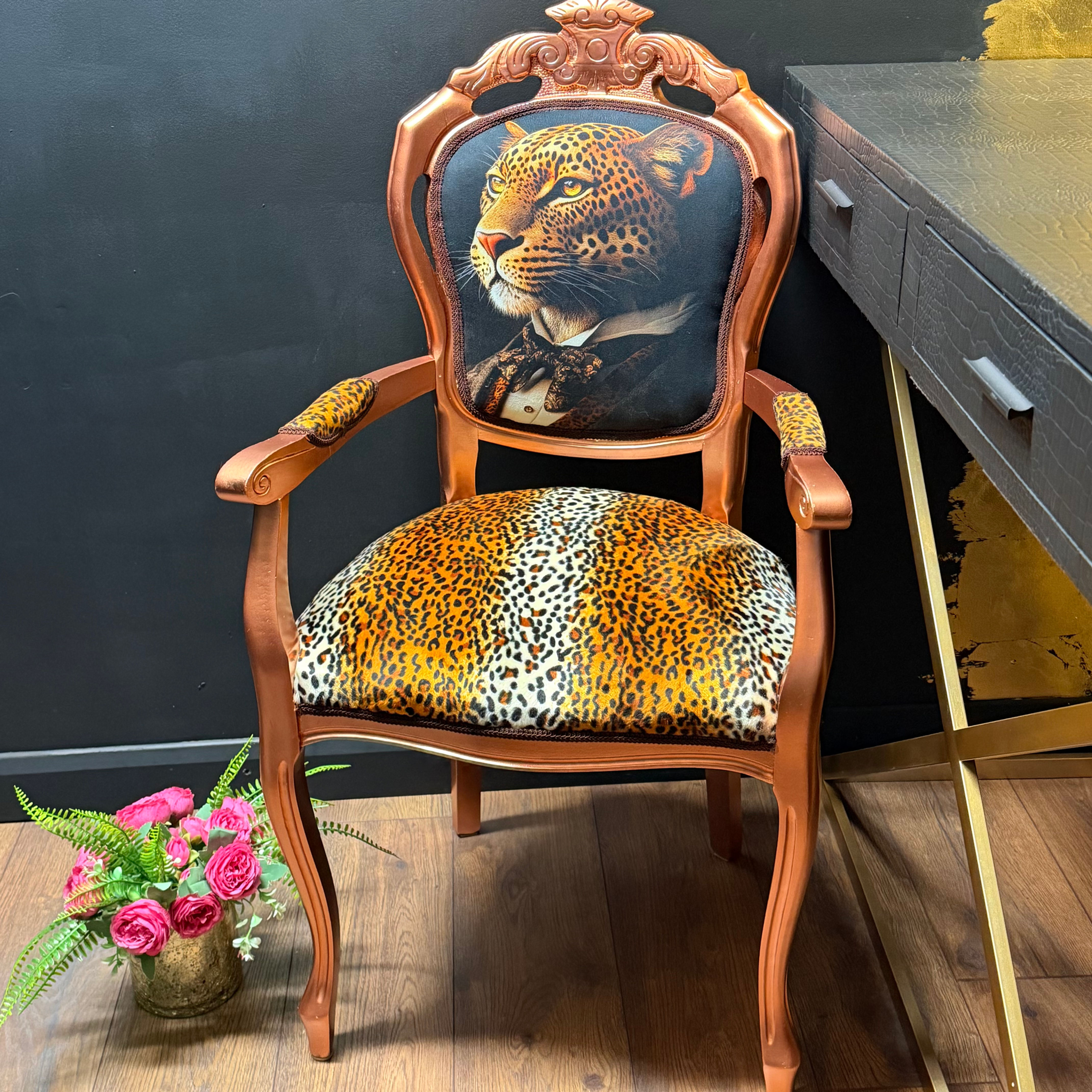 Vintage Ornate Leopard Accent Chair with Arms