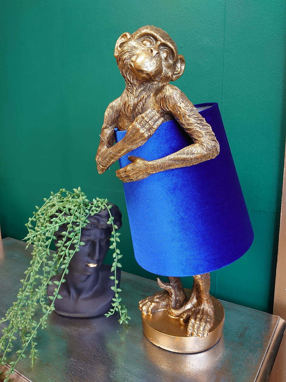 Thumbnail: Antiqued Gold Bashful Monkey Chimp Lamp with Blue Velvet Shade