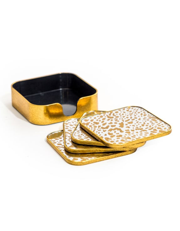Thumbnail: Set of 4 Gold Leopard Print Coasters with Holder 