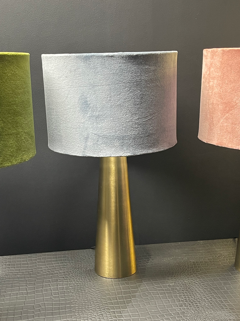 Thumbnail: Brass Column Table Lamp With Blue Grey Velvet Shade