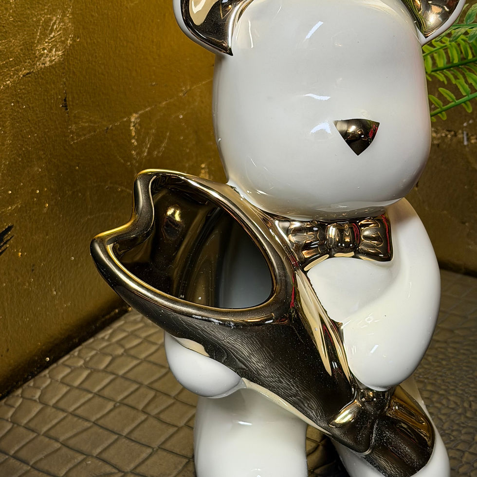 Thumbnail: White and Gold Ceramic Bear Vase with Flowers