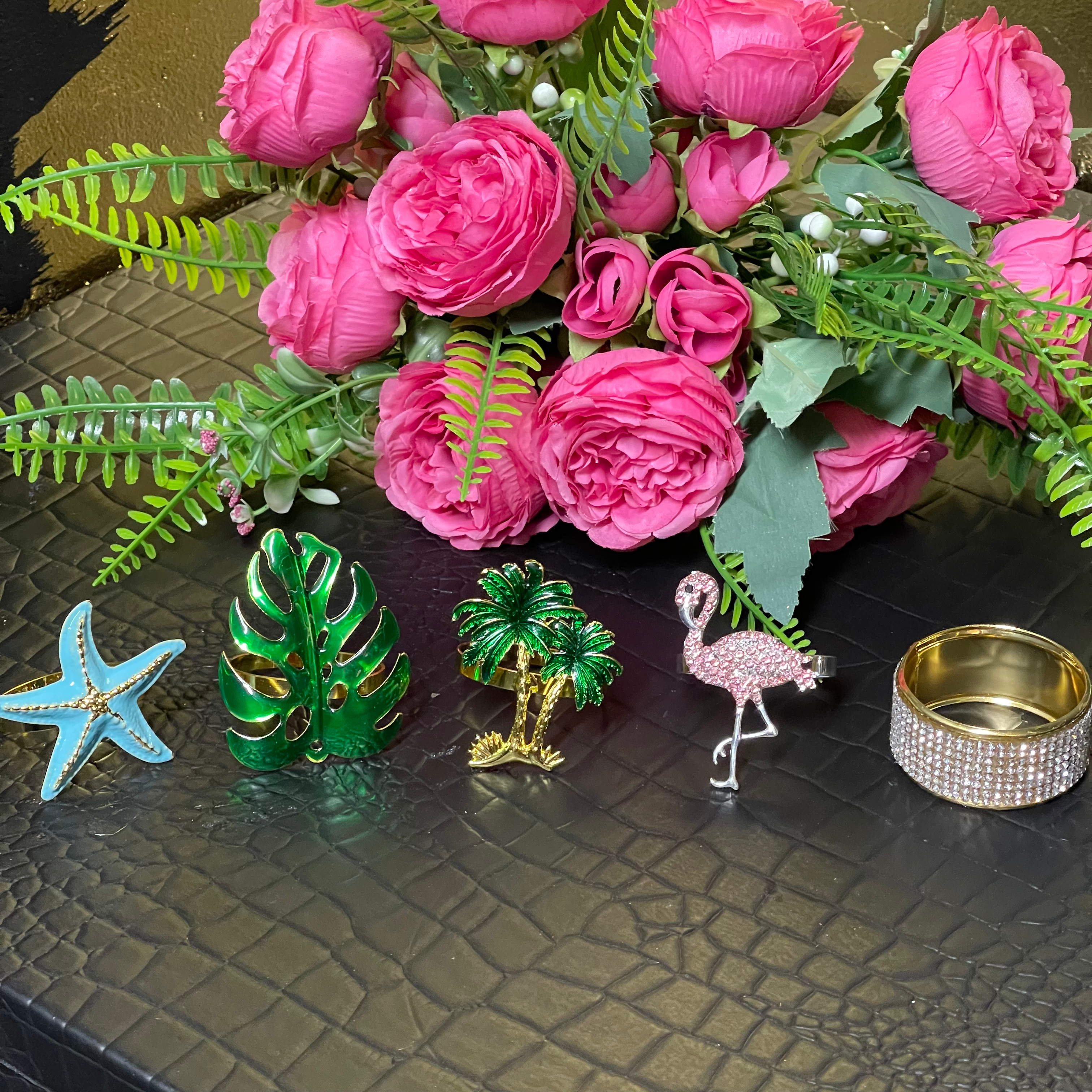 Assorted Napkin Rings Flamingo Palm Lemon Starfish Monstera Strawberry 