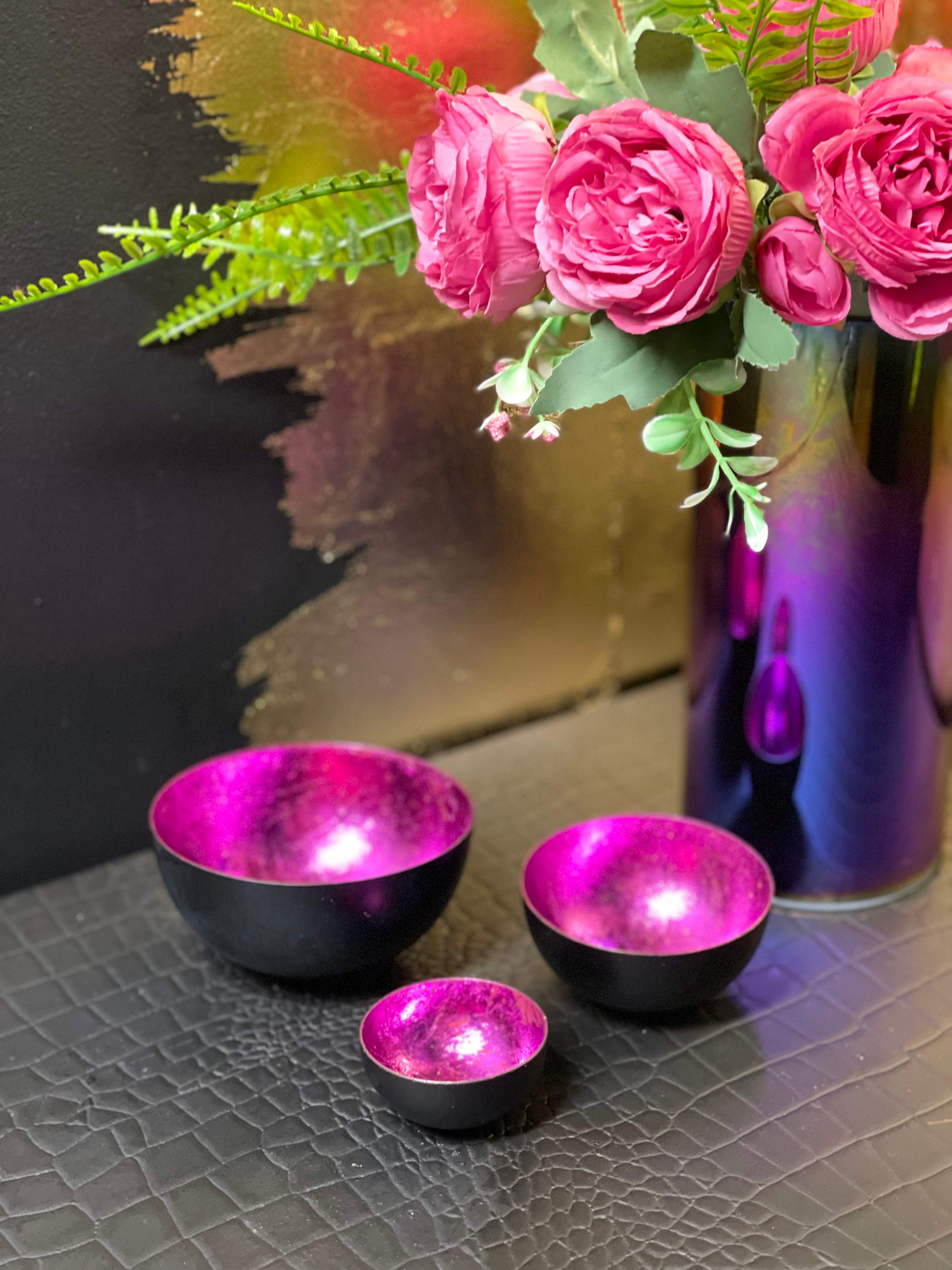 Set of 3 Fuchsia Pink and Black Tealight Holders