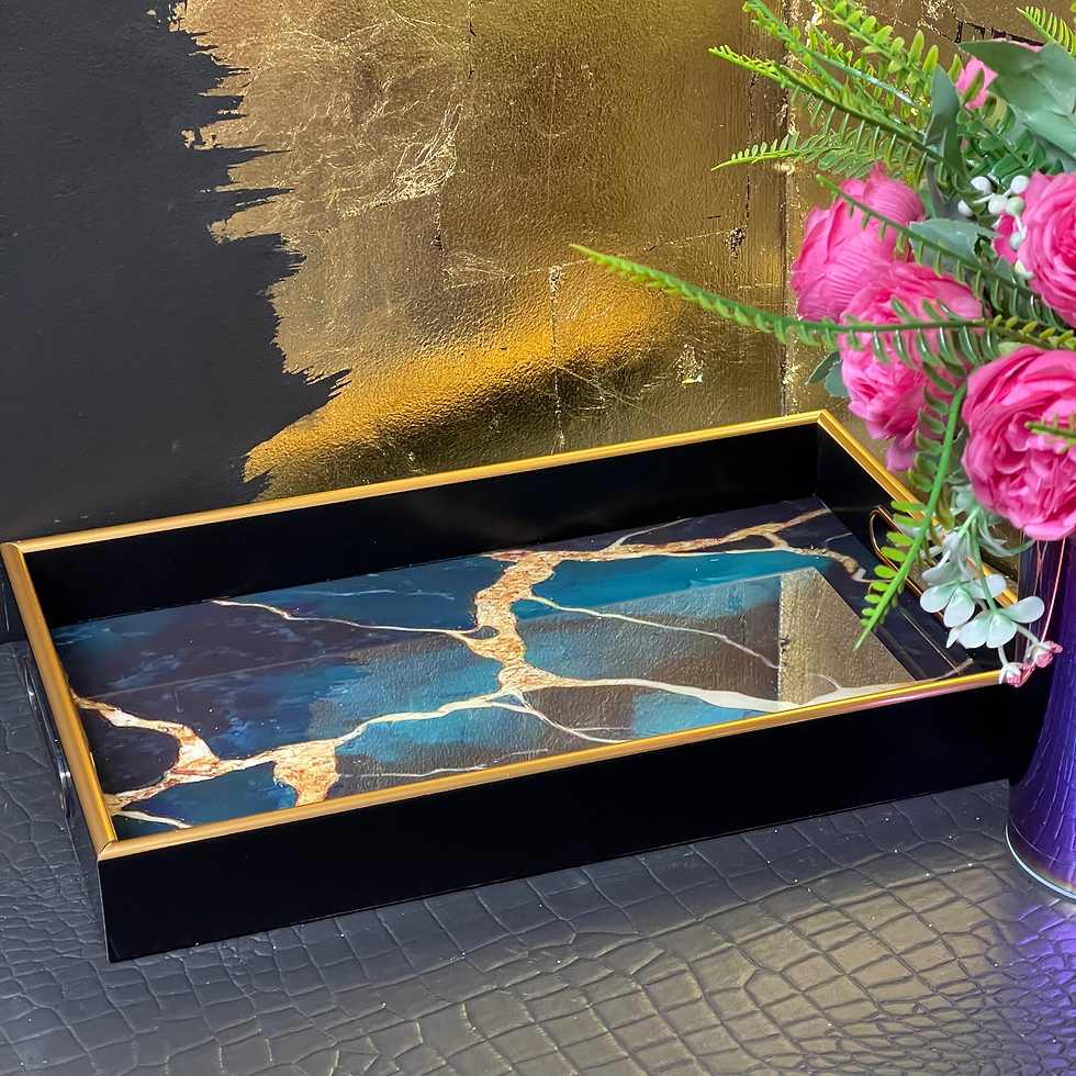 Thumbnail: Green Teal Black and Gold Marble Effect Tray 35 cm