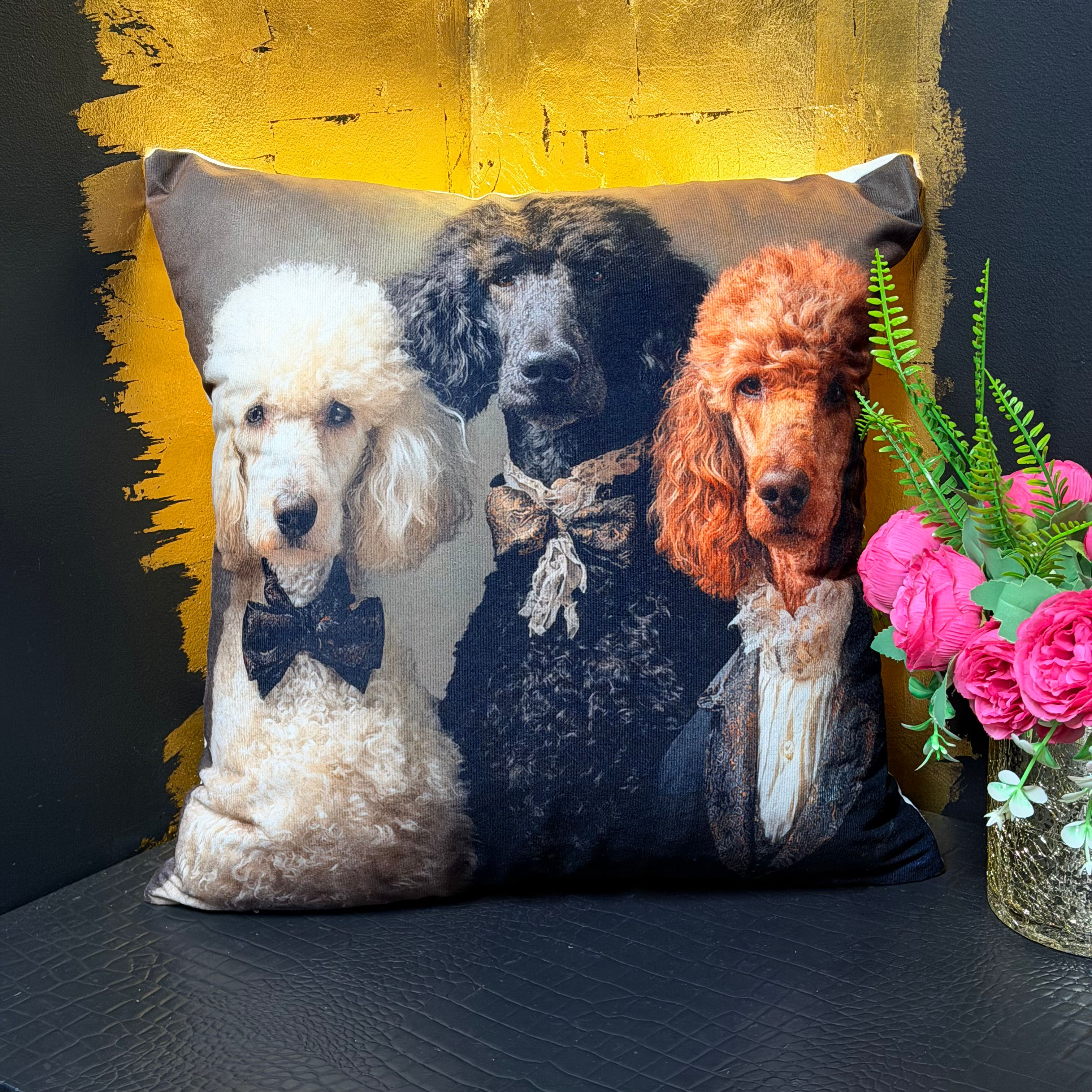 Three Poodles With Bows Velvet / Velour Cushion