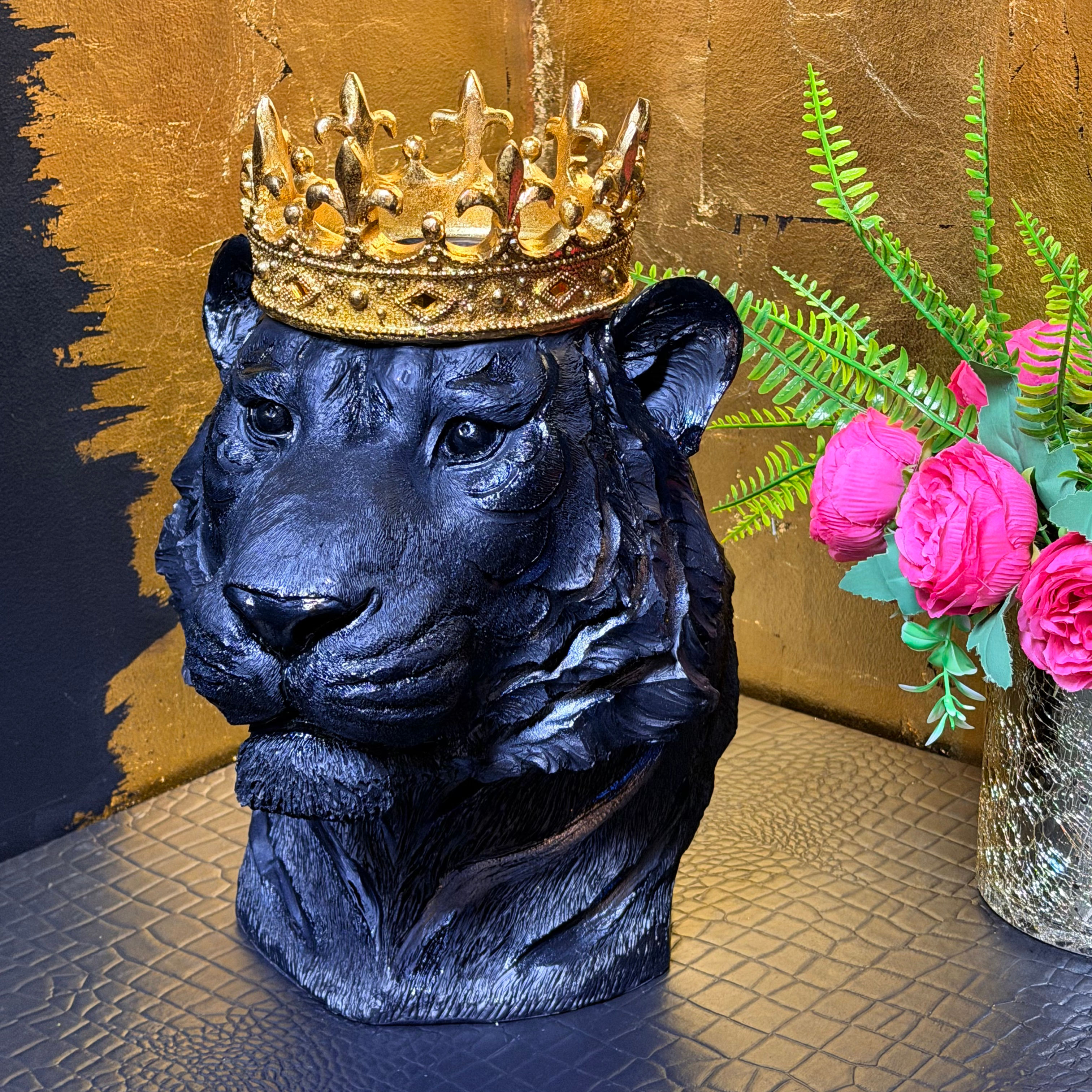Large Black Tiger Head Busts with Gold Crown 33cm