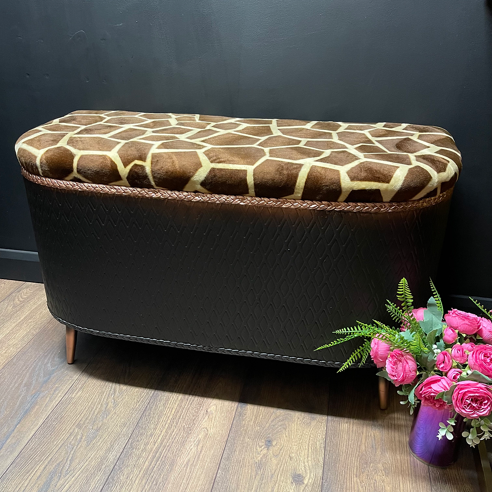 Vintage Black Ottoman with Giraffe Upholstery & Copper Detailing