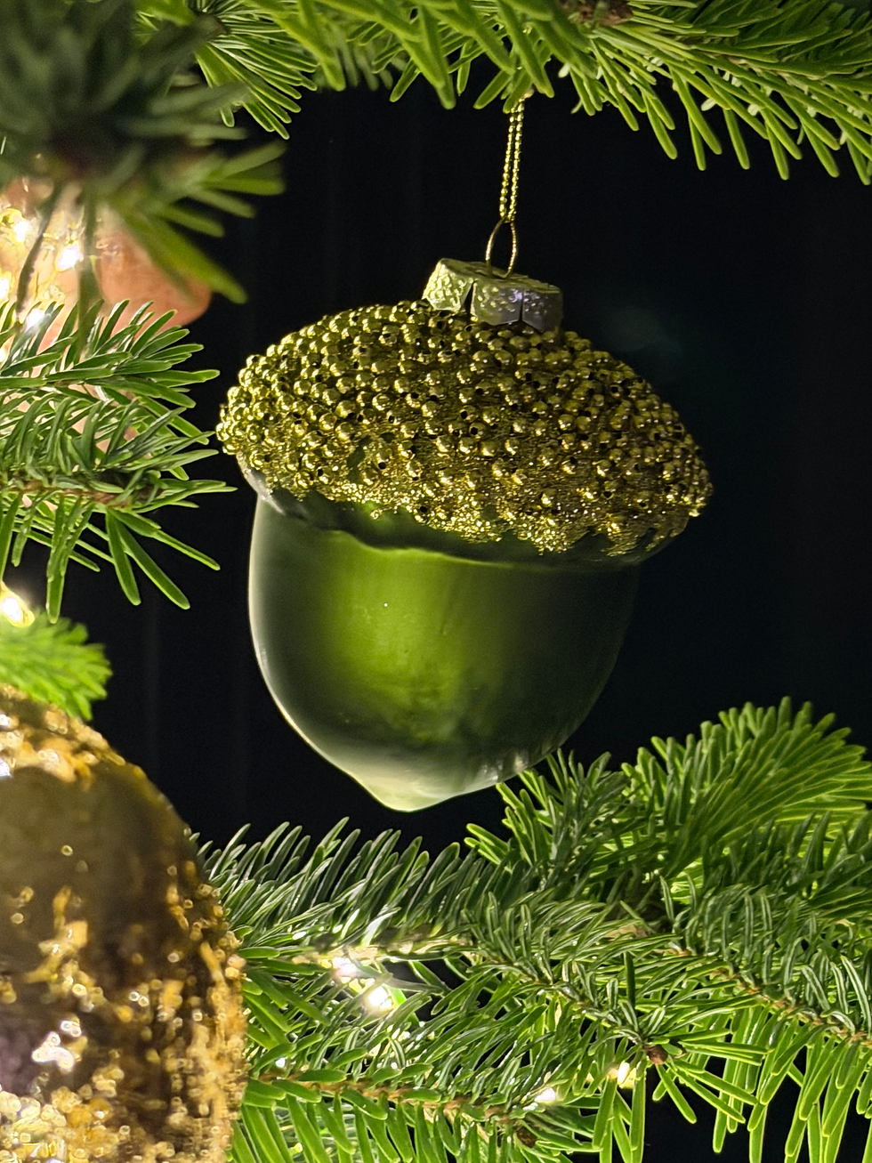 Thumbnail: Moss Green and Gold Glass Acorn Bauble 