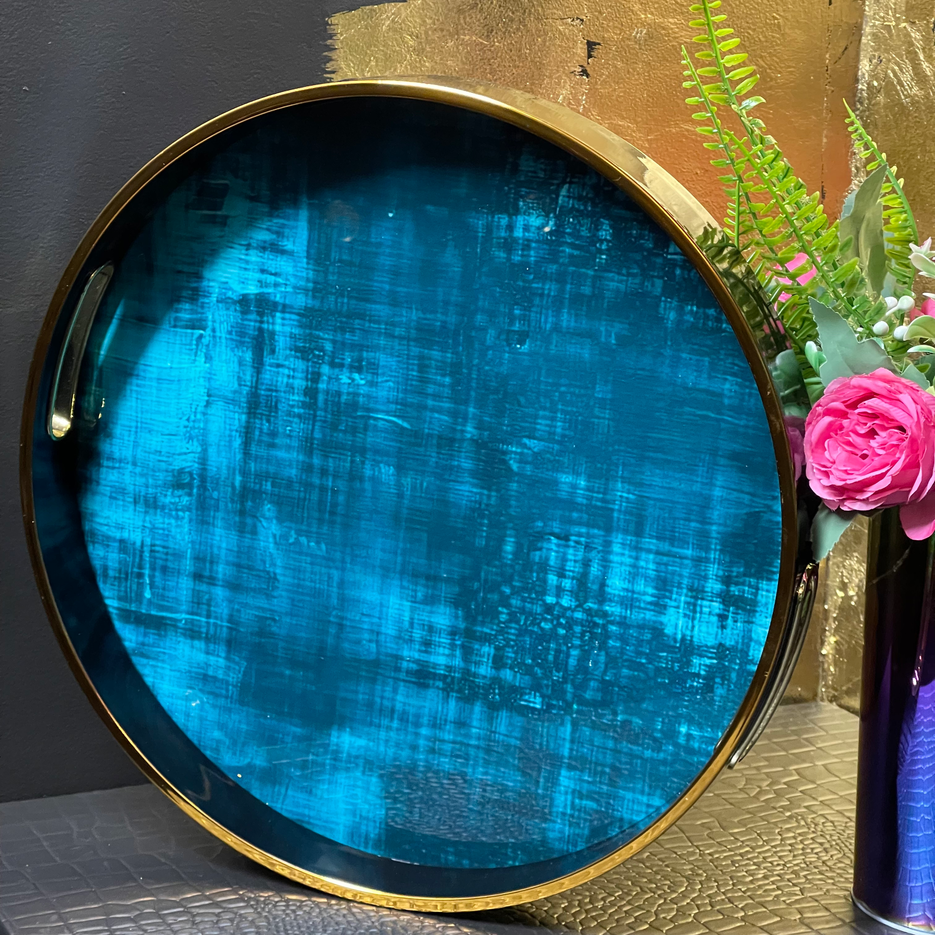 Stunning Deep Teal Black and Gold Serving Tray 35cm
