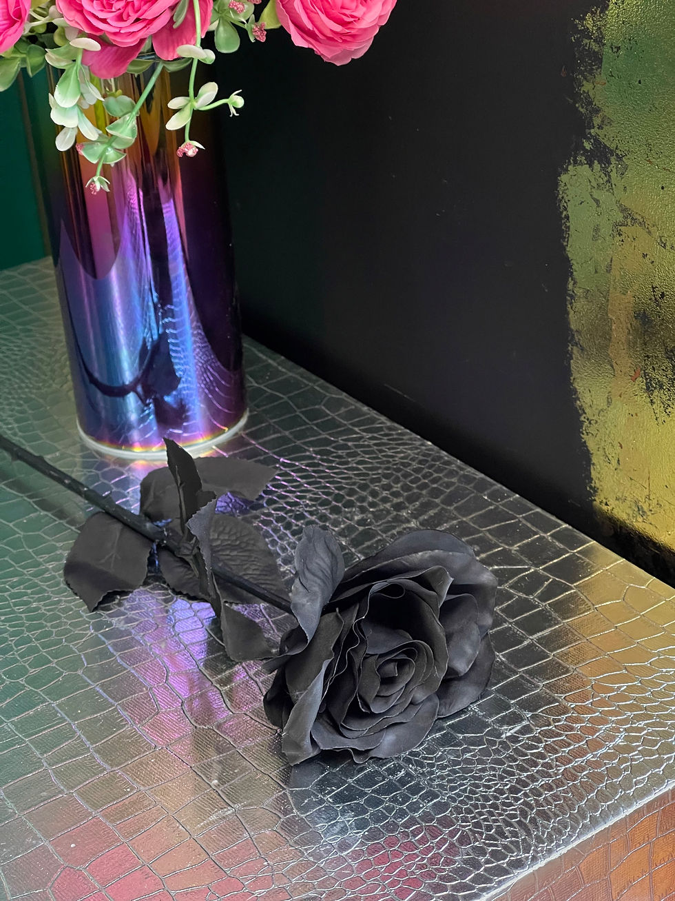 Thumbnail: Single Stem Faux Open Rose Black or Gold 54 cm Tall 