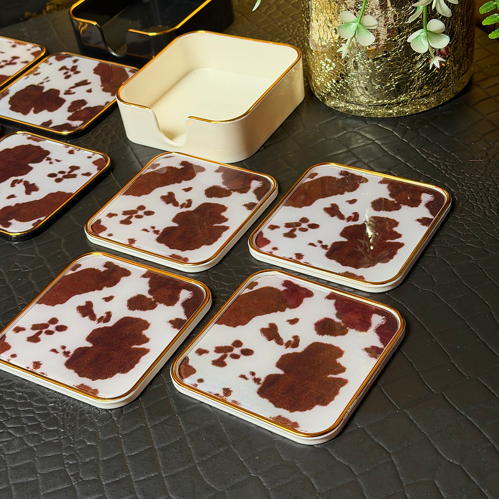Thumbnail: Set of 4 Brown Cow print Coasters with Holder 