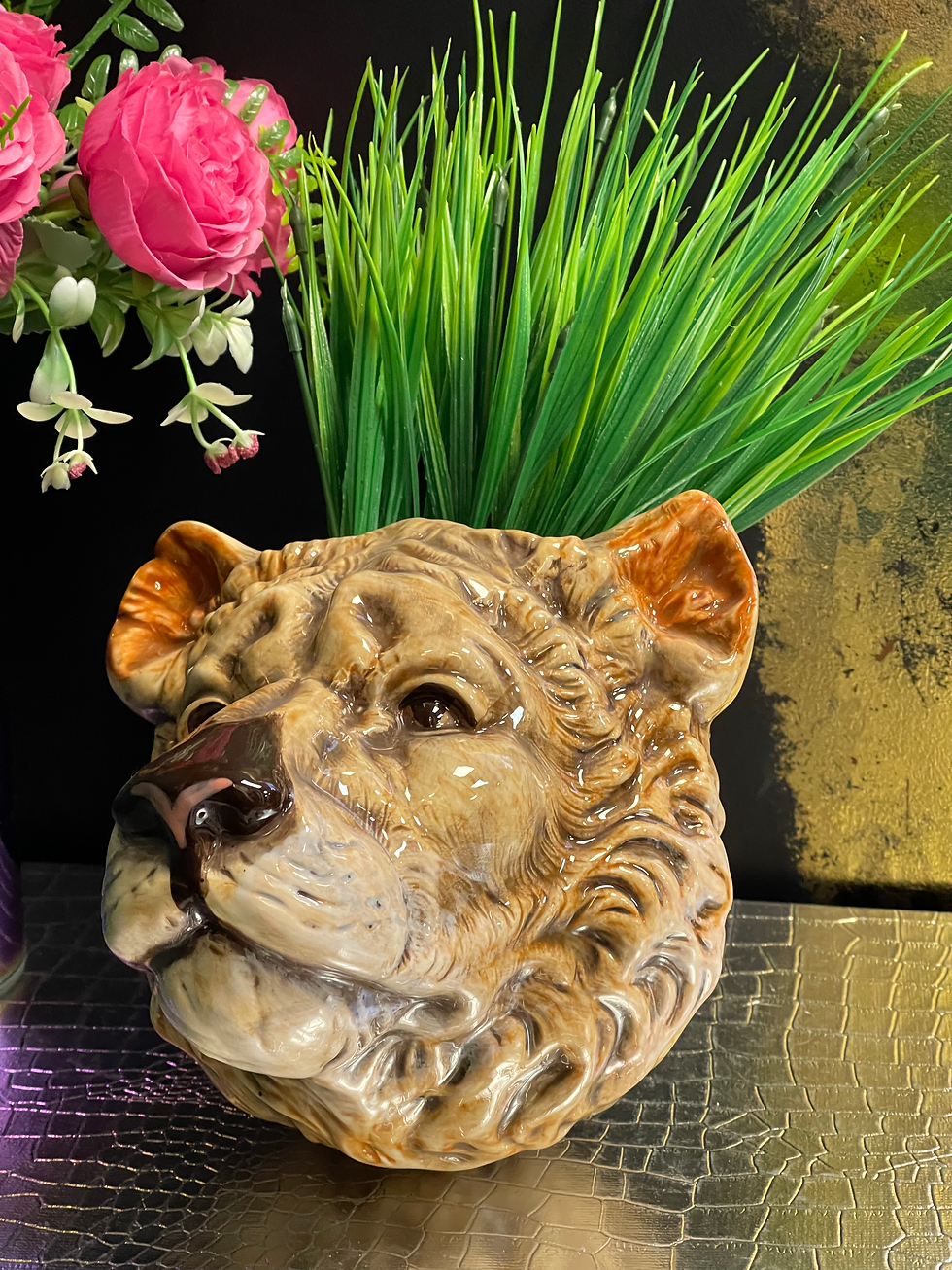 Thumbnail: Ceramic Lioness Head Wall Sconce Vase