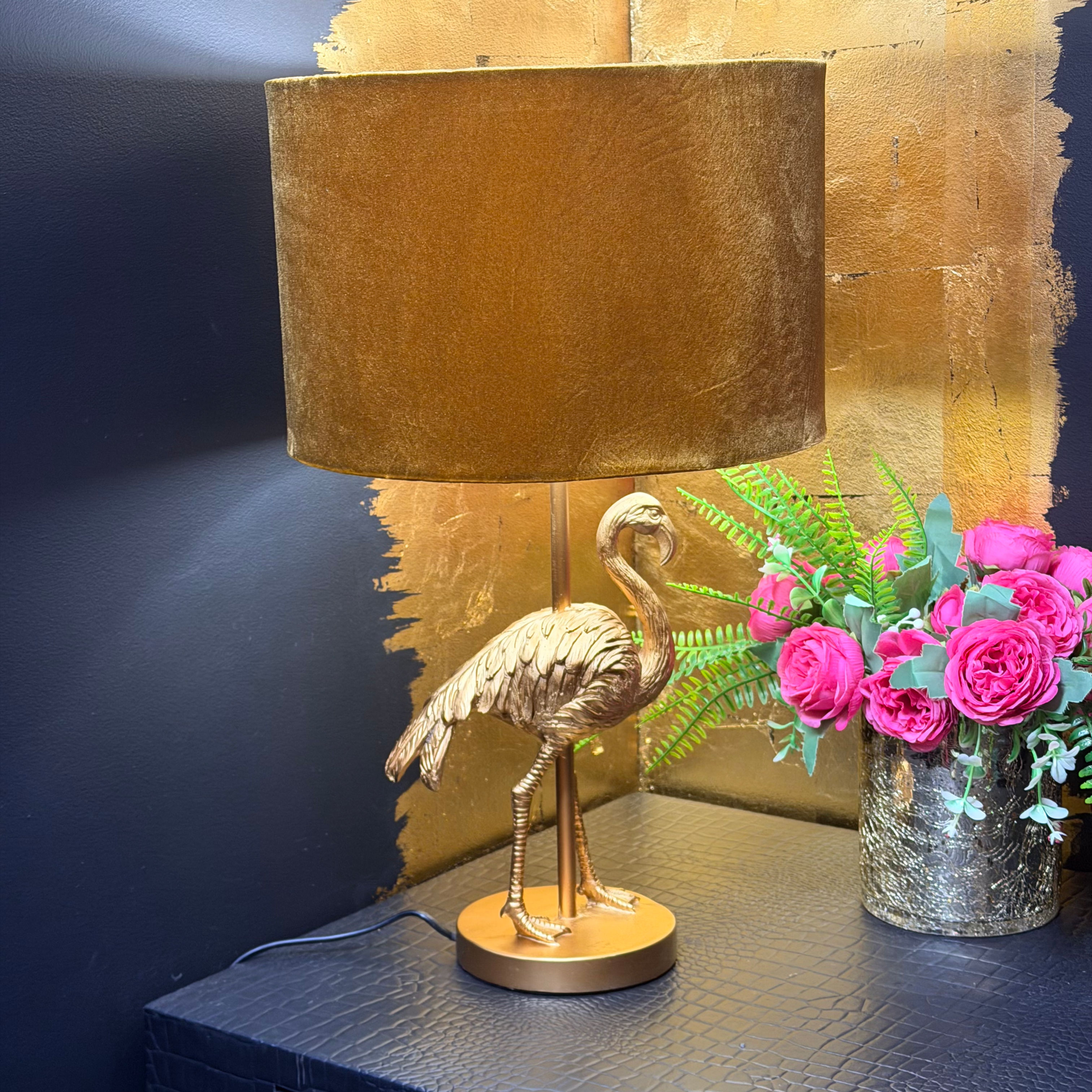 Flamingo Table Lamp with Gold/Ochre Velvet Shade