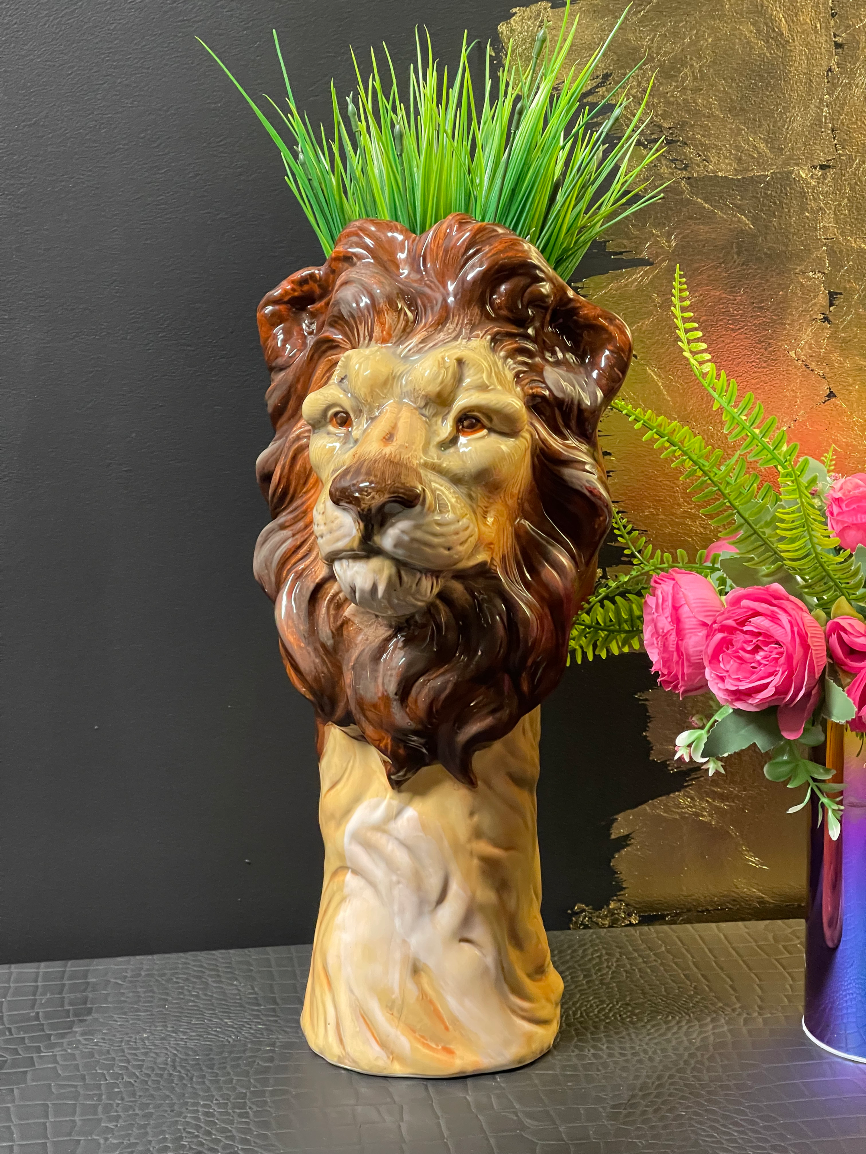 Large Ceramic Lion Head Vase 42cm