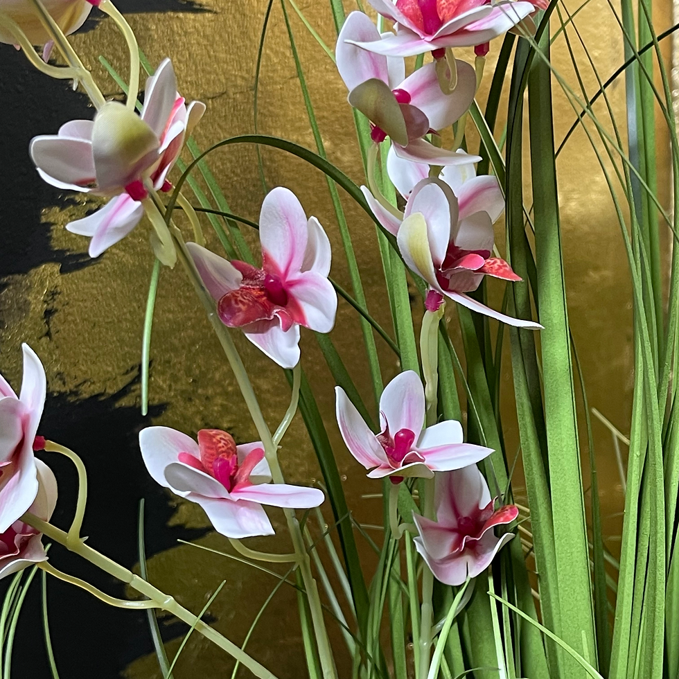 Thumbnail: Grasses and Pink Orchid in a Dimpled Silver Pot 79cm