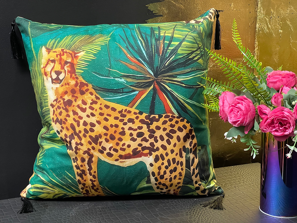 Thumbnail: Double Sided Leopard Jungle Cushion with tassels 