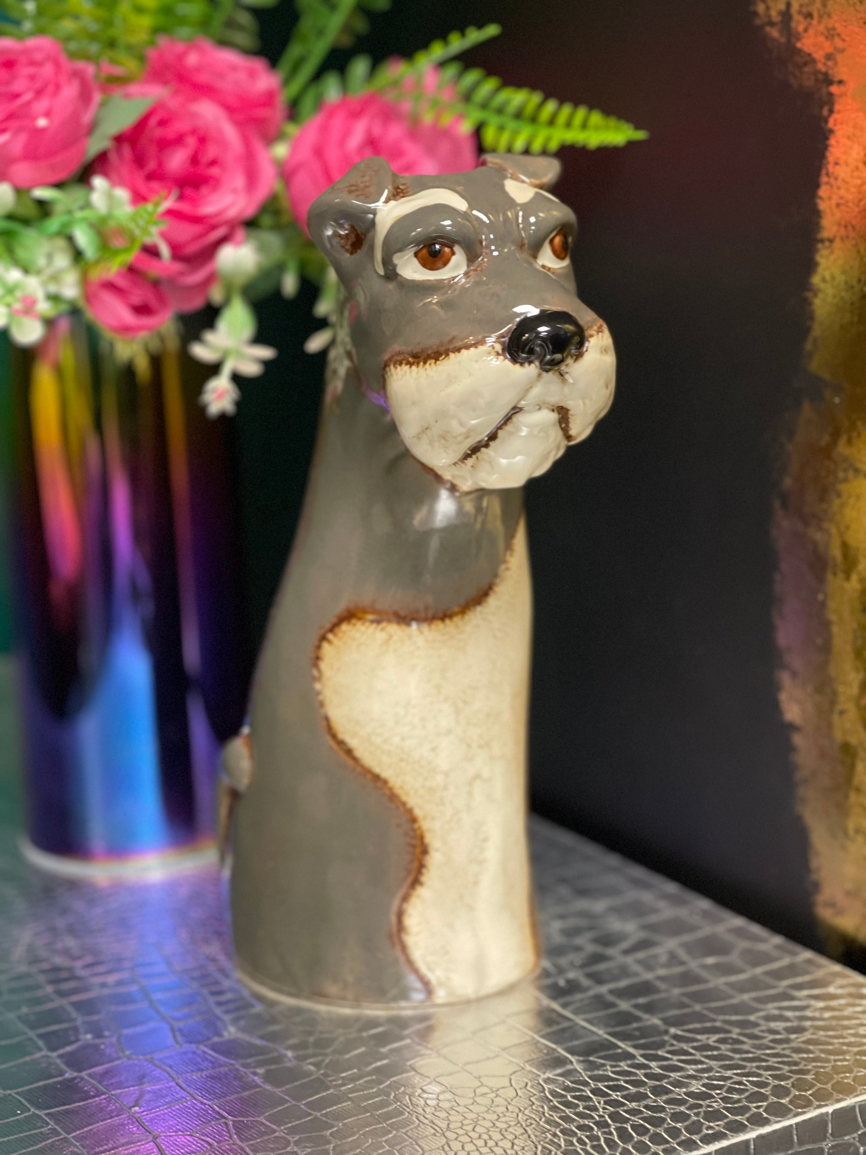 Grey Ceramic Schnauzer Dog Vase 26cm