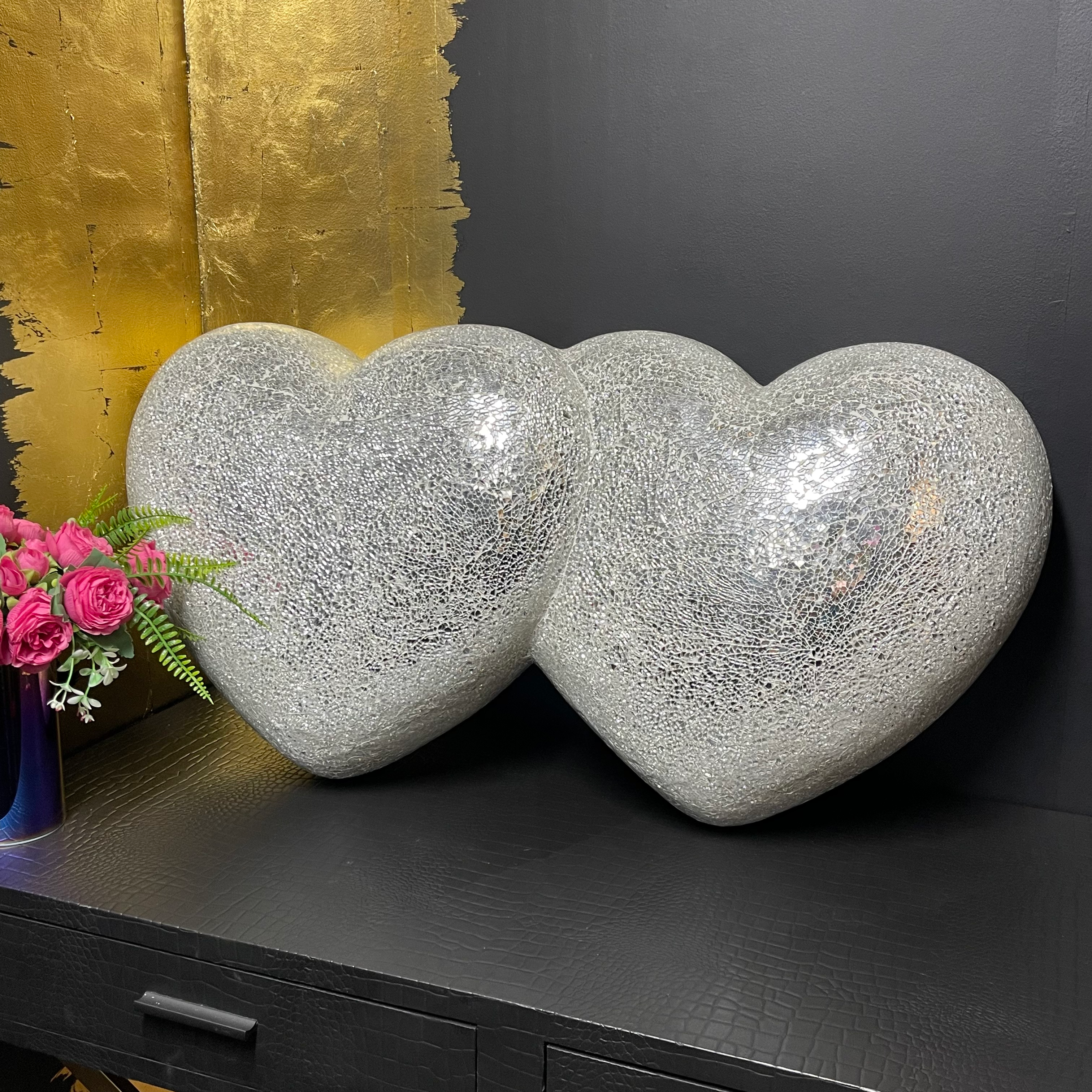 XXL Mosaic Mirror Crackle Glass Wall Love Hearts 90cm
