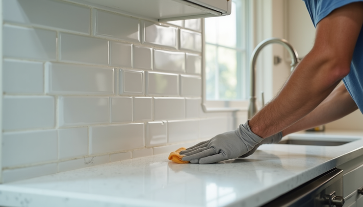 Close-up view of a tile installer applying adhesive to a kitchen wall in Naples