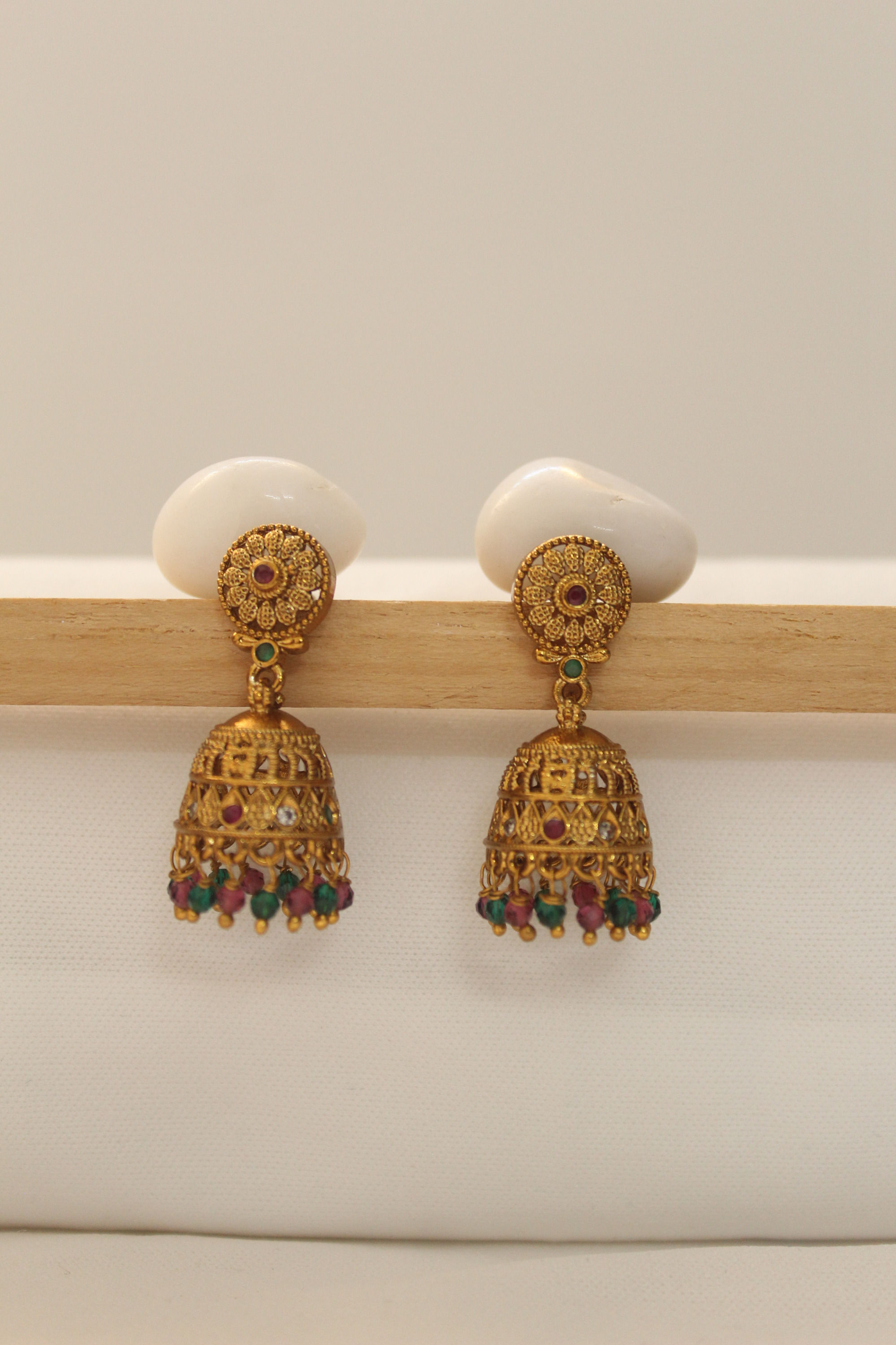 Floral Multi-Stone Antique Jhumka Earrings