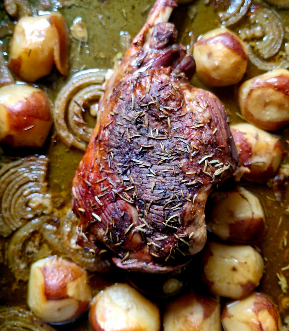 cooked leg of lamb with roasted potatoes and onions