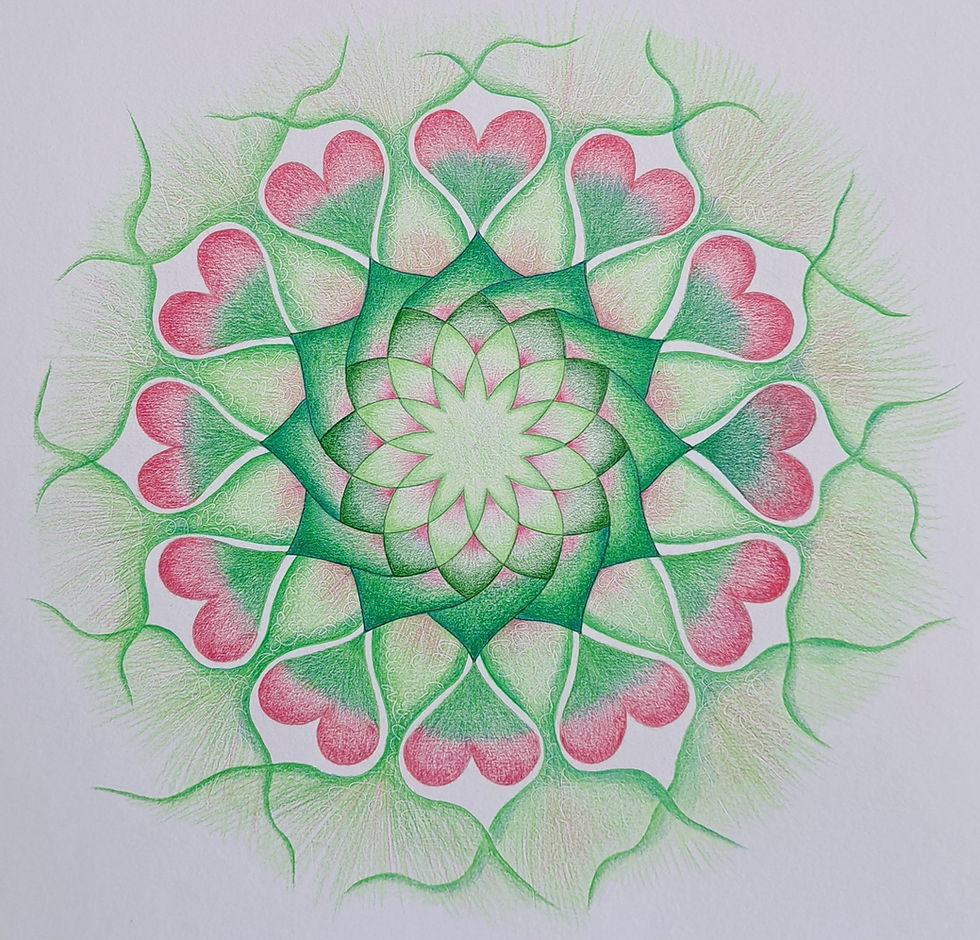 groene mandala met roze hartjes