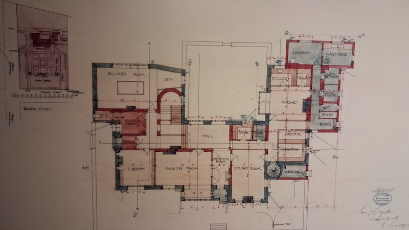 A hand drawn plan of the ground floor of The Hill House in Helensburgh, designed by Charles Rennie Mackintosh. The plan on paper is neatly drawn with colour coded wall construction annotated.