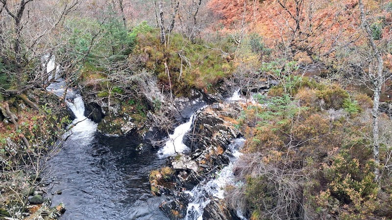 A small waterfall cascades through a rocky, wooded area with autumn-colored leaves. The water flows gently, creating a serene scene.