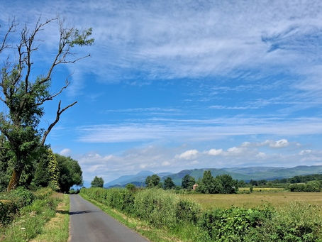An round trip journey by bicycle through beautiful countryside on a bright sunny day in June. The fields and trees are green and the skies are blue in this pastoral setting.