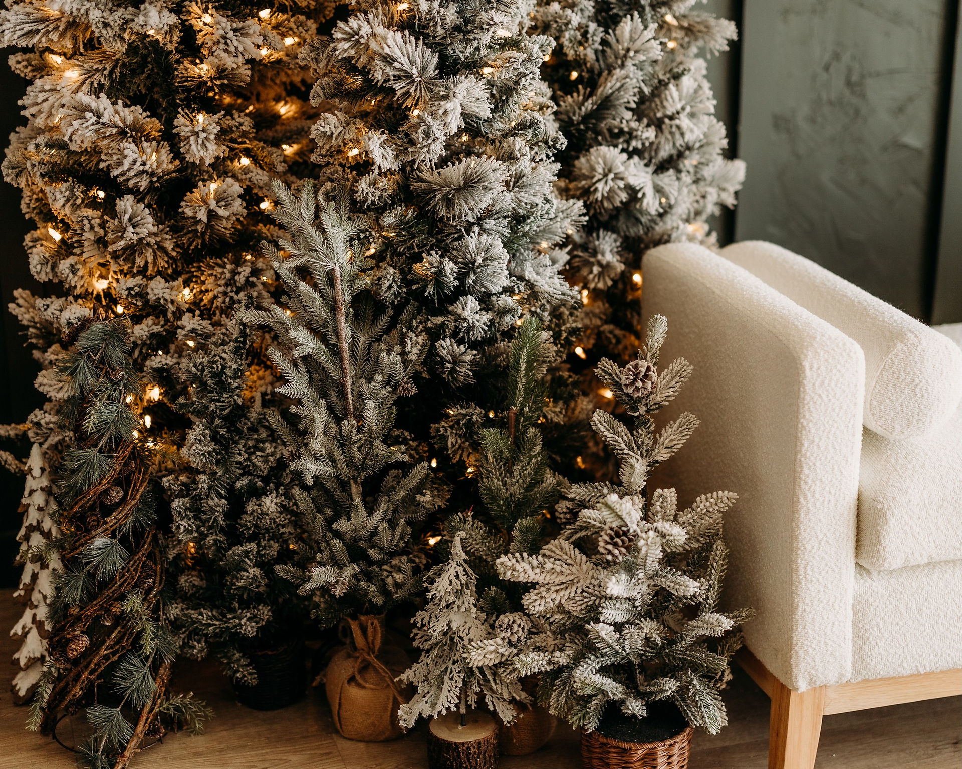 Couple’s Christmas portraits by Fort Worth family photographer at Saginaw studio with twinkling lights and gold holiday accents for timeless Christmas photos.