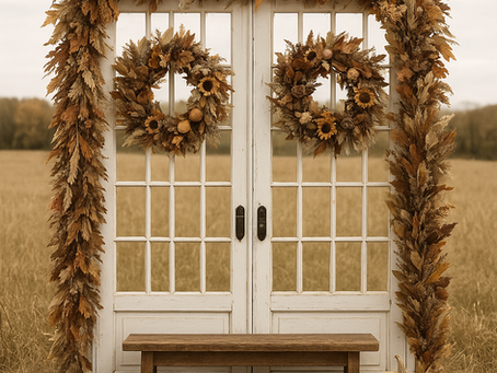 A serene autumn setup in Haslet, TX, featuring white doors adorned with festive wreaths and garlands, complemented by pumpkins and a rustic wooden bench, capturing the essence of a cozy fall ambiance. Photographed by Precious Gems Photography.