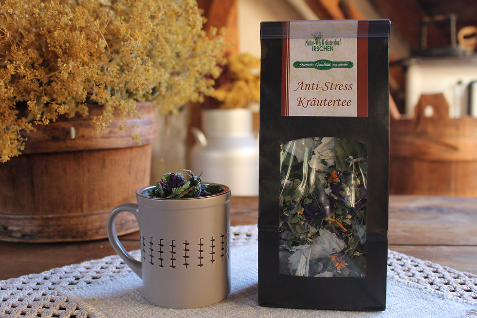 Anti-Stress Kräutertee in Tasse und Packung