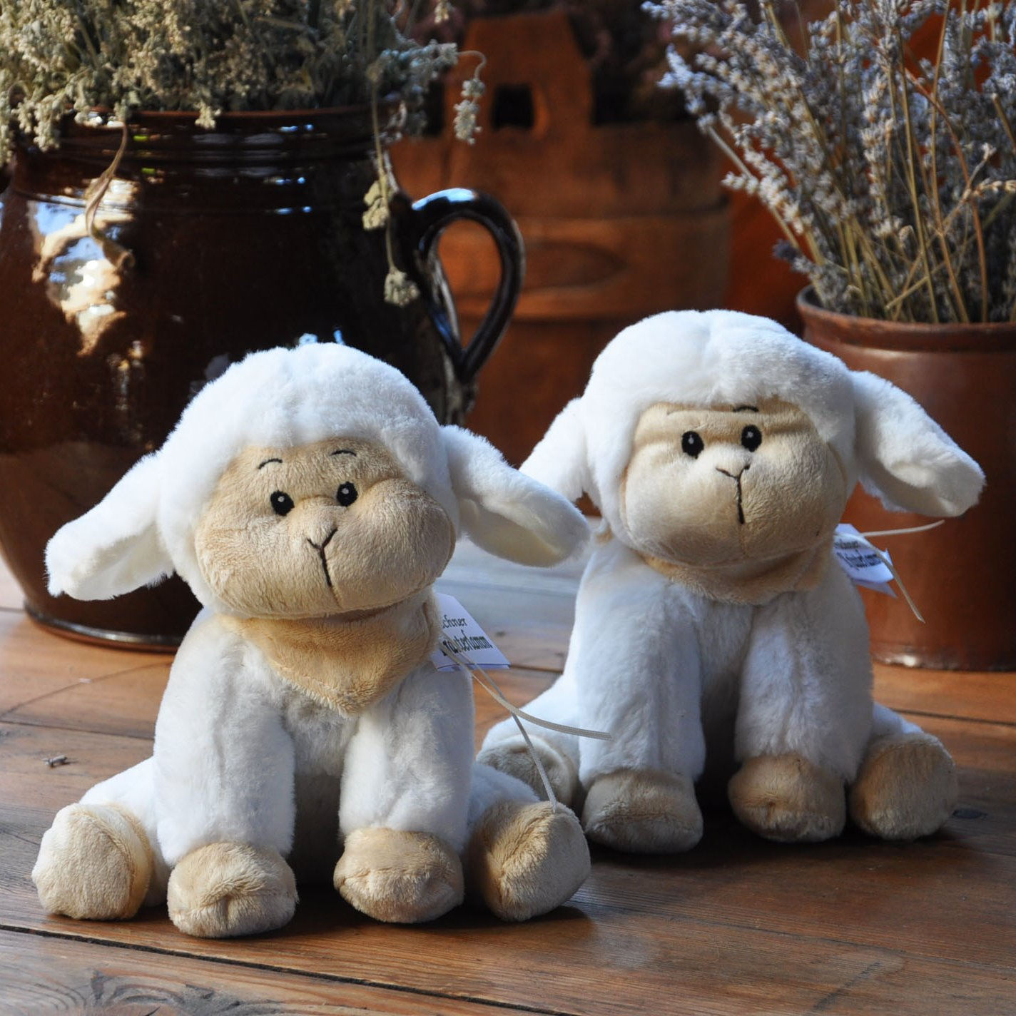 Zwei süße Lamm-Plüschtiere sitzen auf Holztisch