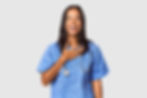 Young Filipina nurse posed in studio laughs out loudly keeping hand on chest..jpg