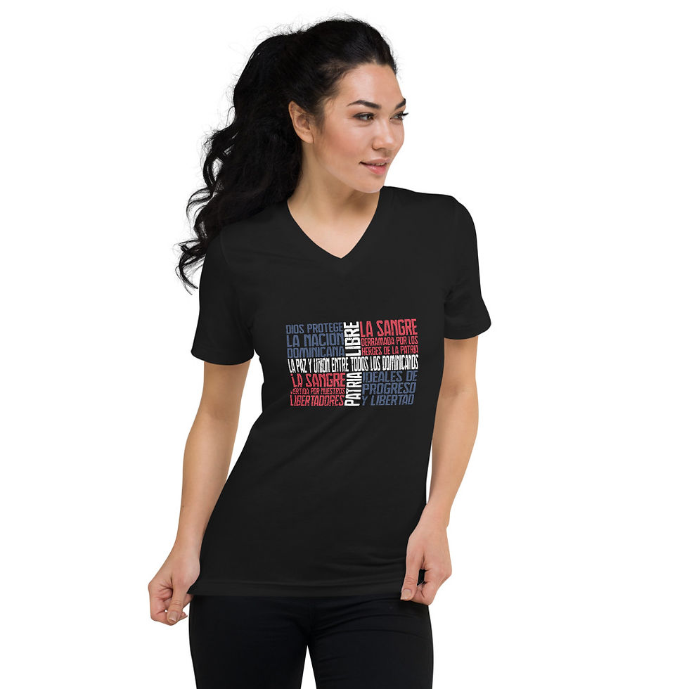 Thumbnail: Dominican Flag and Color Meanings - Unisex Short Sleeve V-Neck T-Shirt