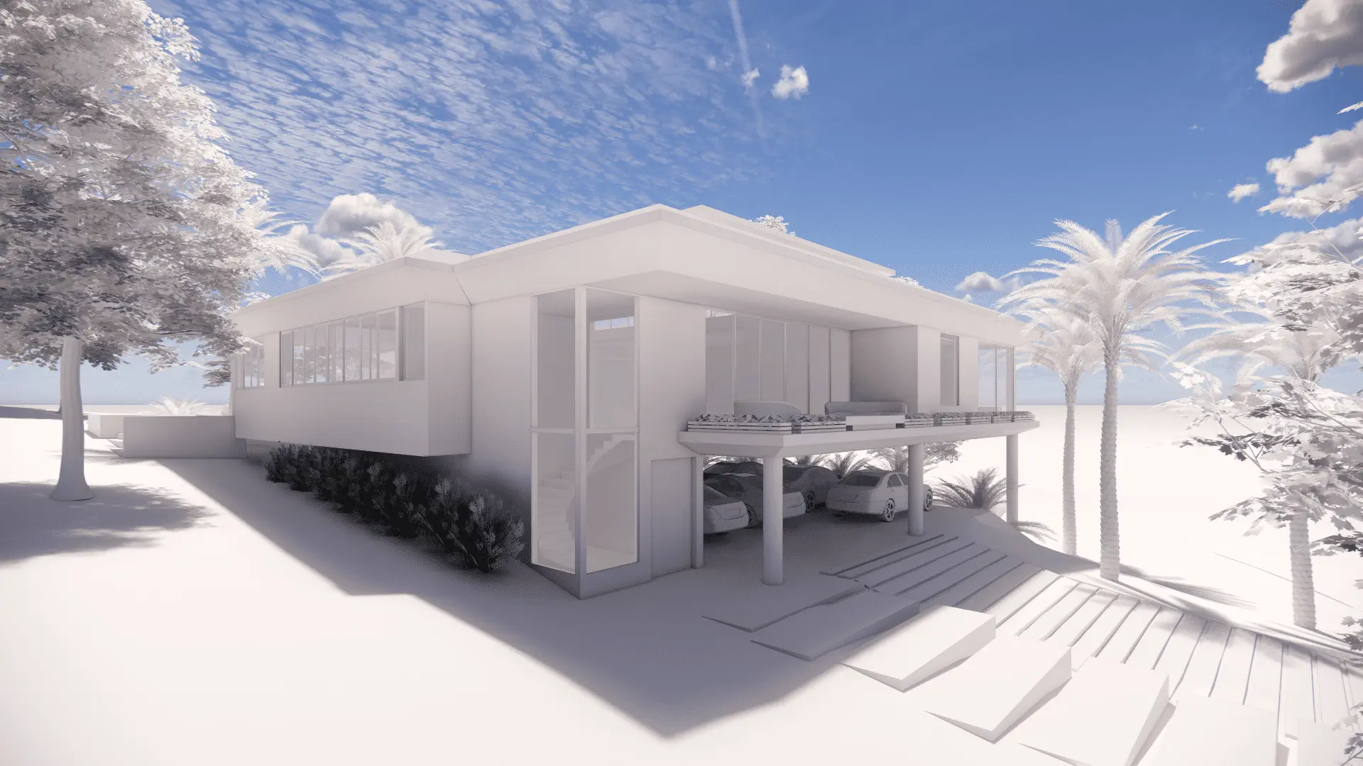 Mockup arquitetônico utilizado para estudo de implantação em terreno, apresentando volumetria da residência, análise de posicionamento no lote, relação com o entorno e definição preliminar do projeto da casa.
