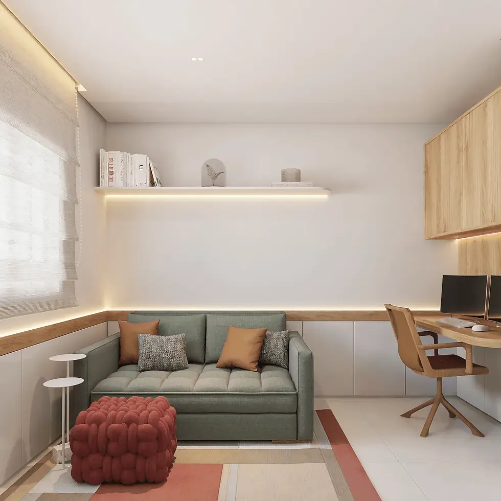 Home office com cantinho de descanso, com sofá de dois lugares, tapete geométrico, nicho decorativo e luz indireta