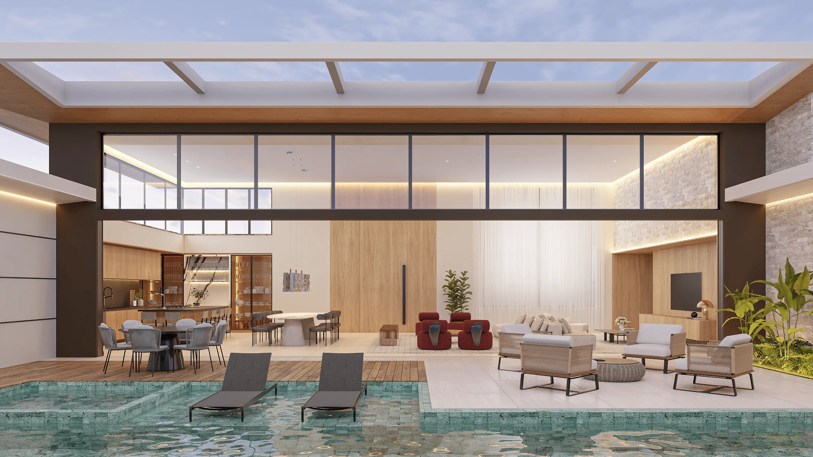 Área externa com piscina e espreguiçadeiras, integrada à fachada moderna envidraçada e espaços de estar cobertos.