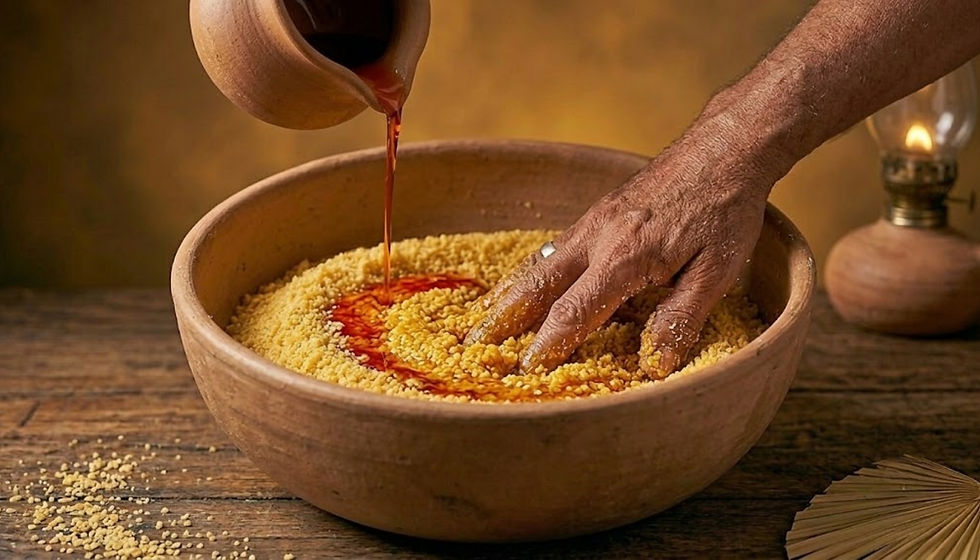Mão derrama molho vermelho sobre cuscuz numa tigela de madeira, em mesa rústica, com luz quente.