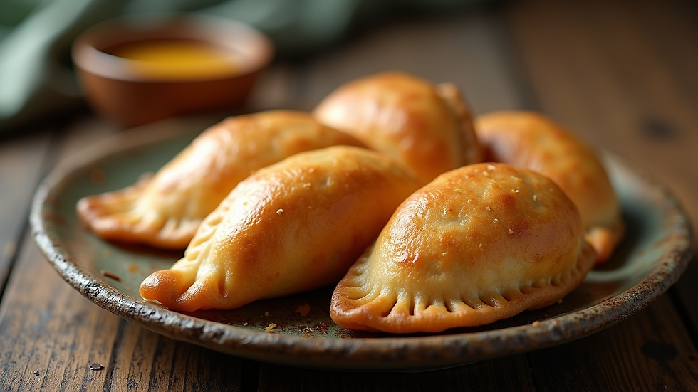 Close-up of golden-brown empanadas on a rustic plate