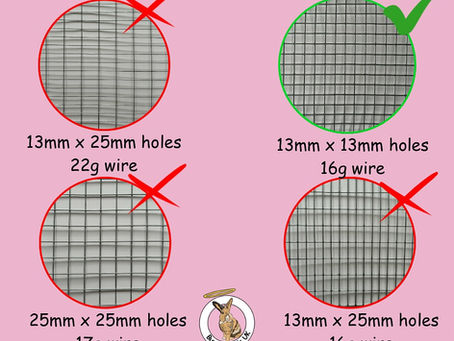 Guide for safe rabbit enclosure wire gauges. Use 13mm x 13mm holes with 16 gauge wire.