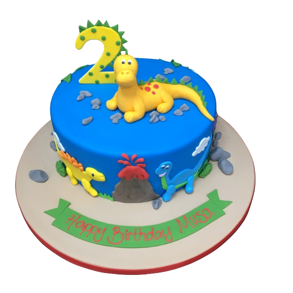 Bespoke cartoon dinosaur cake with colorful fondant figures, set for celebration in Solihull, West Midlands.