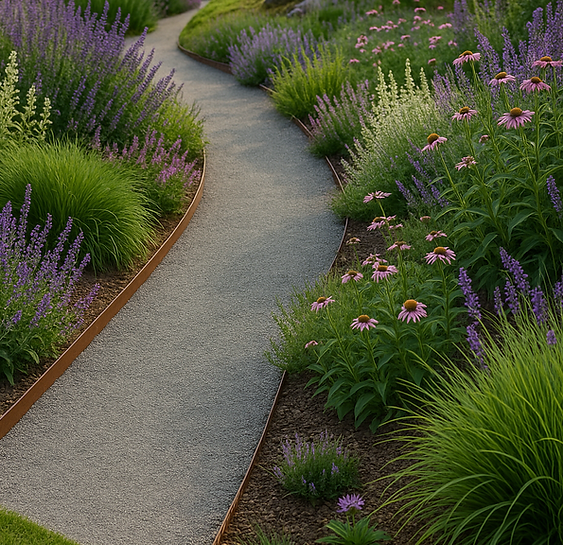 Ilustrativní grafika zahradního chodníku s šedým mlatovým povrchem, elegantně zakřiveného tvaru, obklopeného svěžím trvalkovým záhonem — přírodní a moderní design zahrady