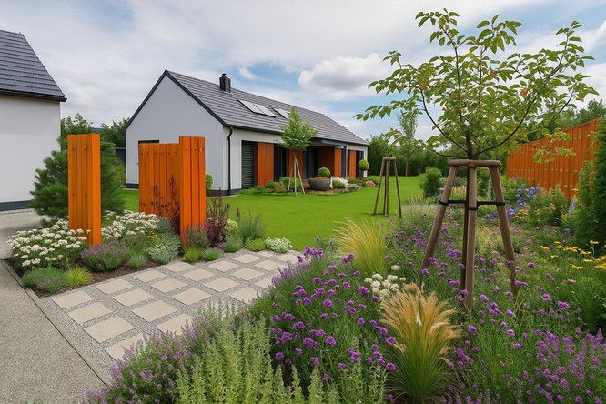 Moderní rodinný dům s minimalistickou zahradou, oranžovými dřevěnými prvky, hustě osázenými záhony s trvalkami a travinami včetně Stipa barbata, betonovým chodníkem v kačírku a mladými stromy, Brno.