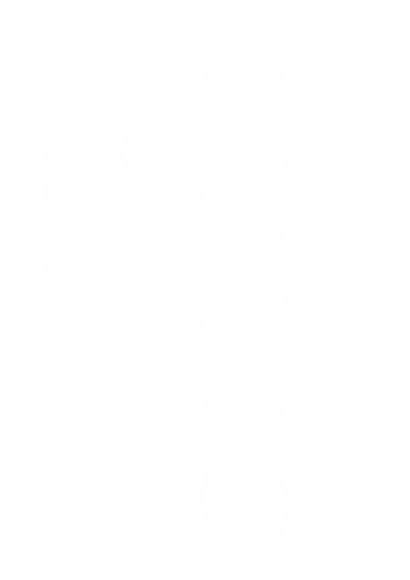 White silhouette of a decaying zombie against a black background