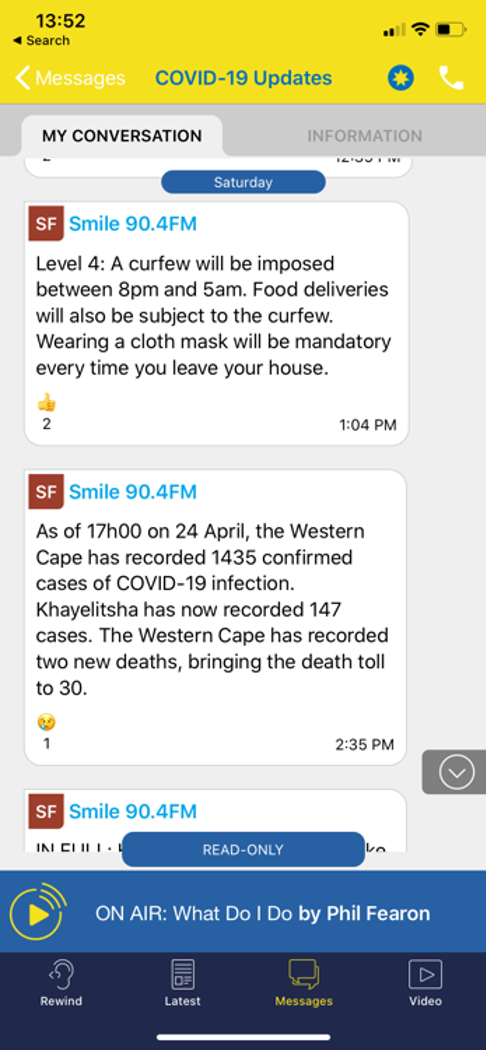 Examples of messaging from the station via the COVID-19 channel