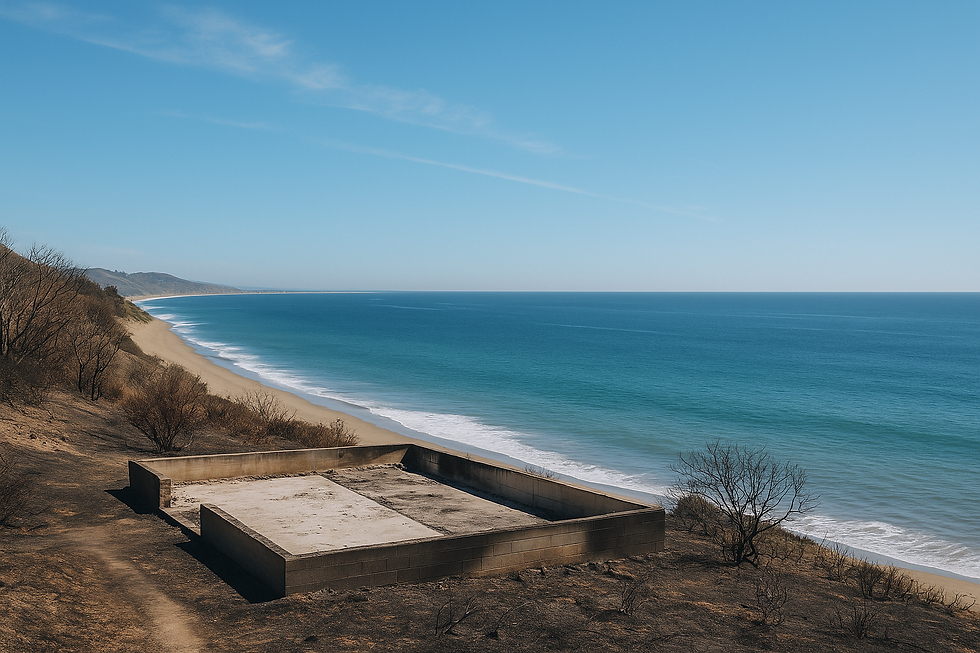 Burned foundation of a Malibu beachfront property after California wildfires, overlooking the Pacific Ocean—highlighting real estate risks, land value, and climate impact in fire-prone coastal zones