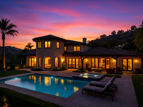 Twilight photo of a Mediterranean-style luxury home with a pool in the Los Angeles hills, showcasing premium visuals for luxury real estate marketing in Los Angeles.